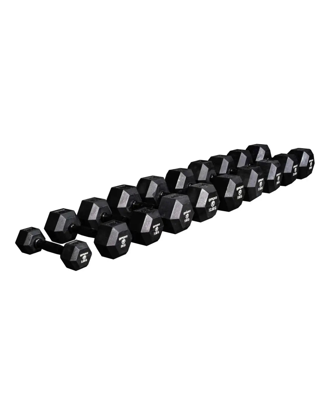 Set of black rubber hex dumbbells with white weight markings and black handles for home gyms