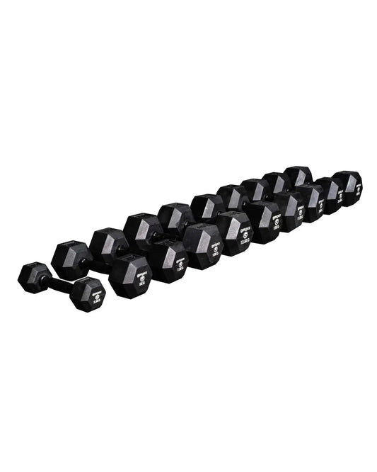 Set of black rubber hex dumbbells with white weight markings and black handles for home gyms