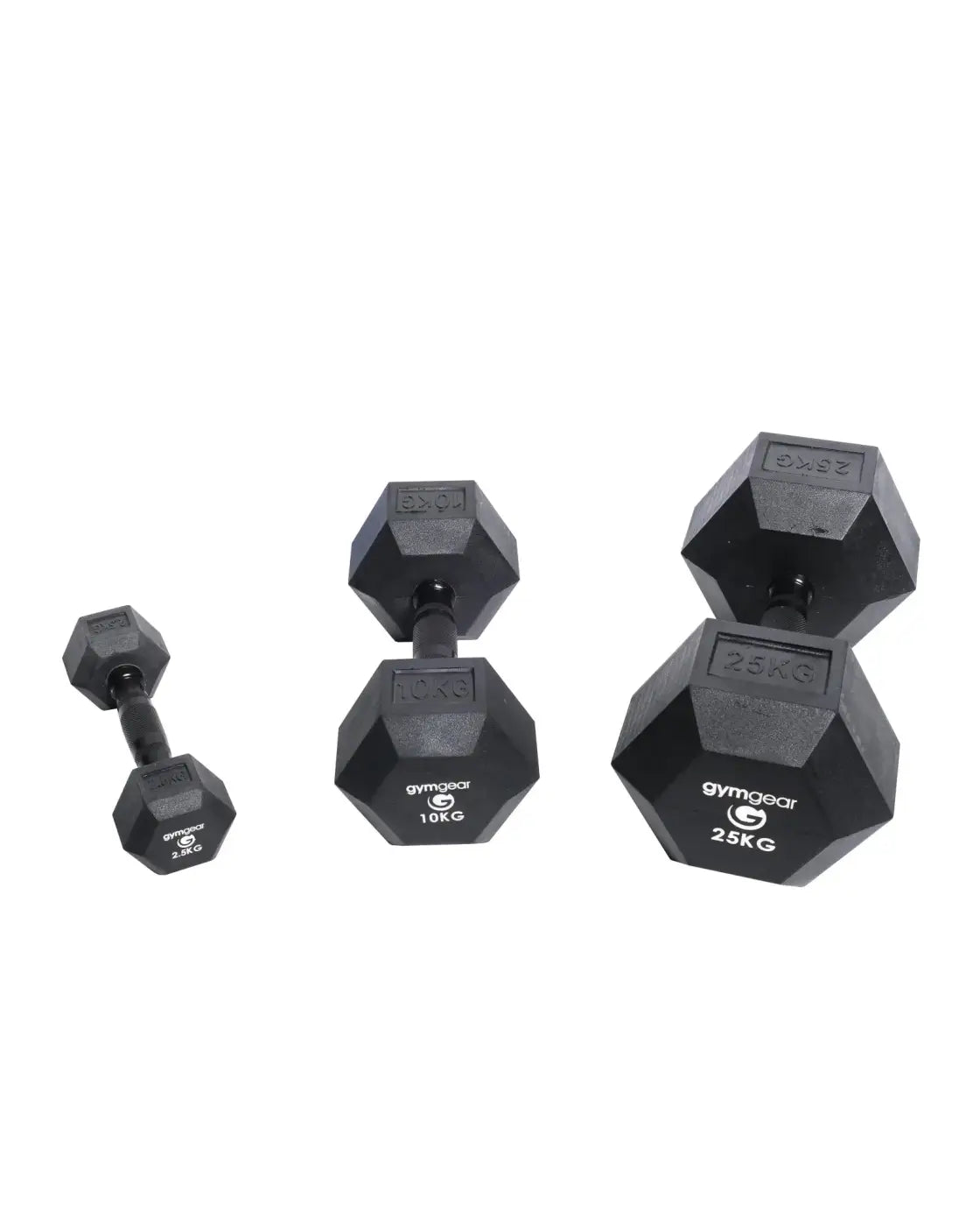 Black rubber hex dumbbells with black handles and gymgear logo for home gyms in varying weights