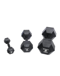 Black rubber hex dumbbells with black handles and gymgear logo for home gyms in varying weights