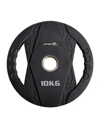 Black 10kg gym gear rubber Olympic weight plate with dual grip textured handles and central metal hole for UK delivery