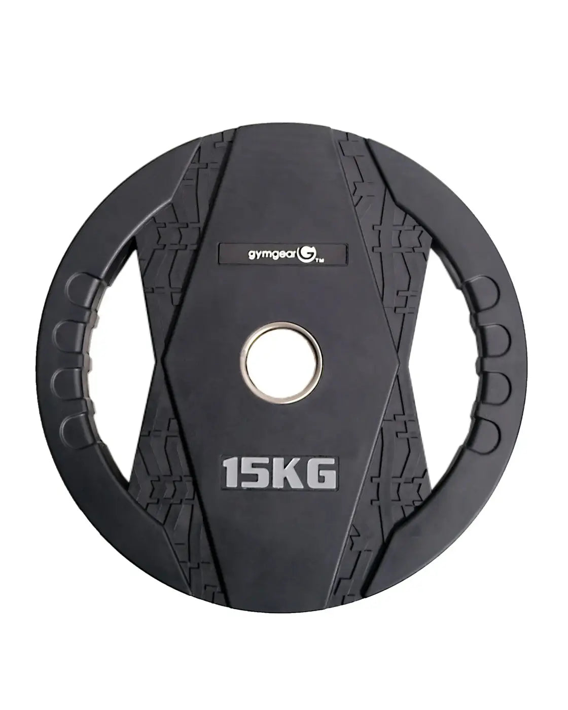 Black 15kg gym gear rubber olympic weight plate with textured dual grip and central hole for uk delivery