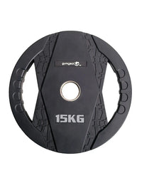 Black 15kg gym gear rubber olympic weight plate with textured dual grip and central hole for uk delivery