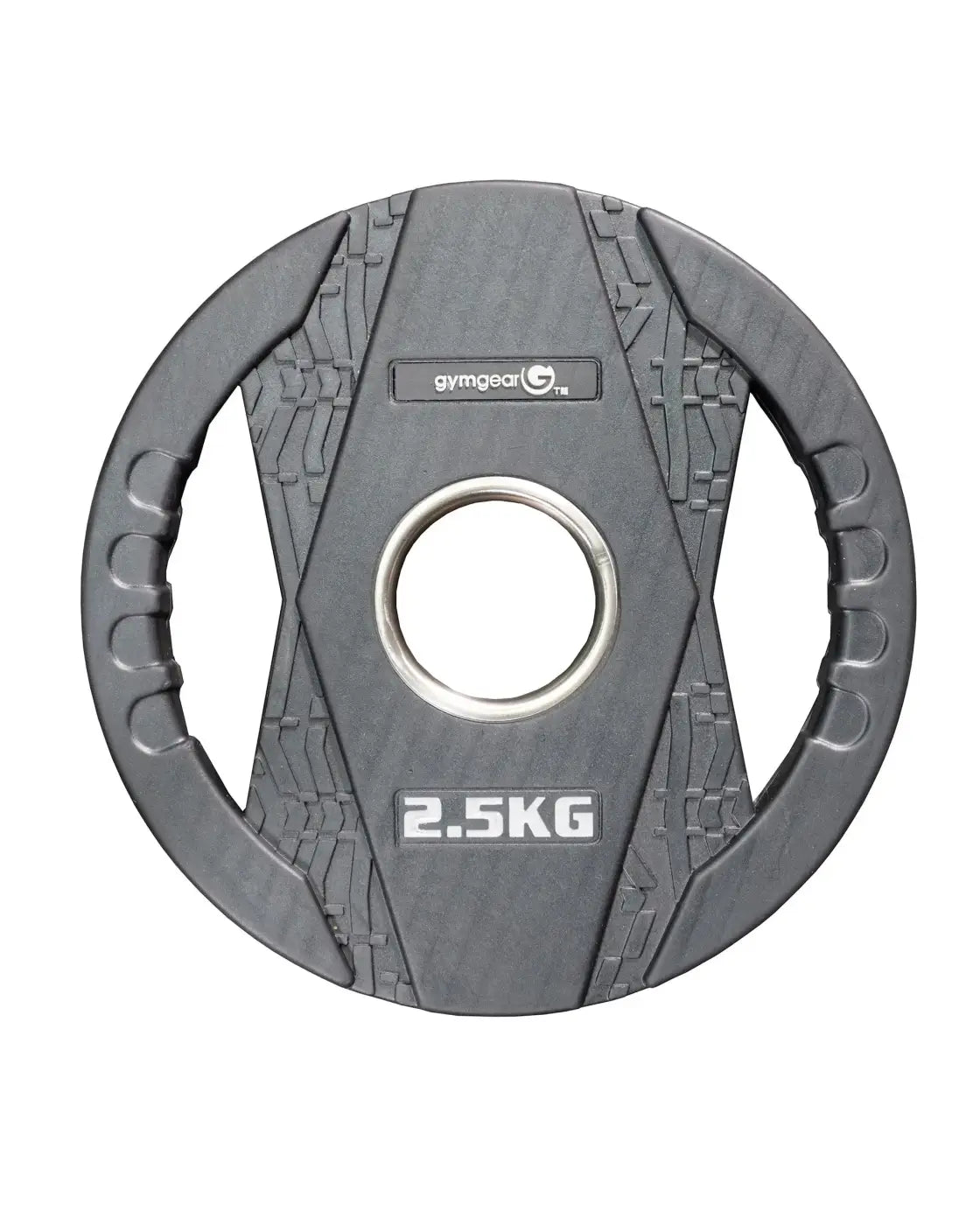 Gray gym gear 2.5kg rubber Olympic weight plate with dual grip textured handles and central silver ring for UK delivery