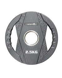 Gray gym gear 2.5kg rubber Olympic weight plate with dual grip textured handles and central silver ring for UK delivery