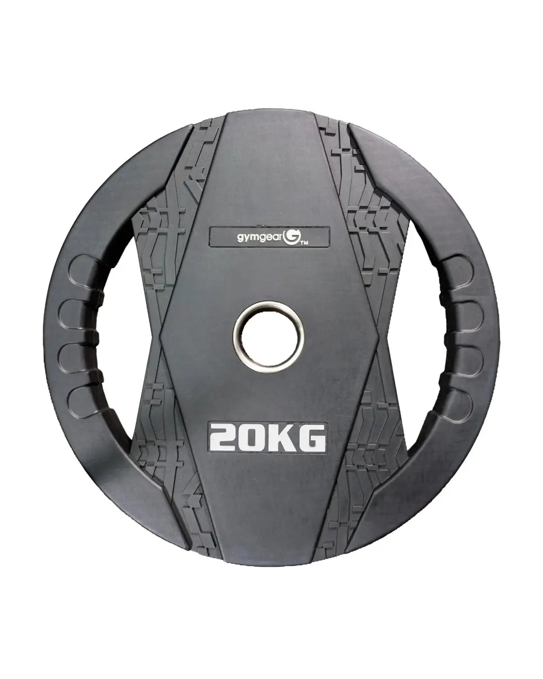 Black 20kg gym gear rubber olympic weight plate with textured dual grip and geometric design for uk delivery