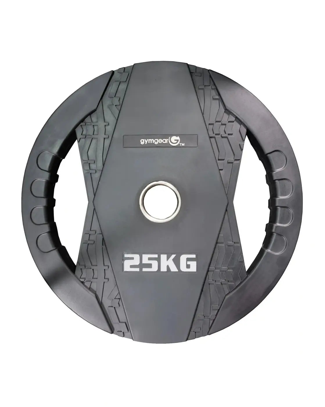 Black 25kg gymgear rubber Olympic weight plate with dual grip textured surface and silver center hole for UK delivery