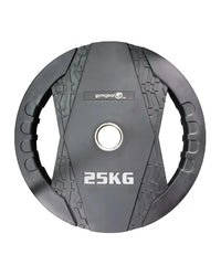 Black 25kg gymgear rubber Olympic weight plate with dual grip textured surface and silver center hole for UK delivery