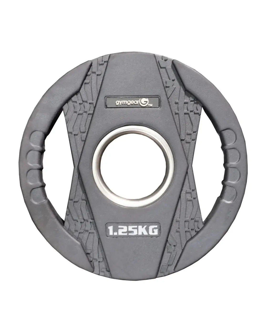 Gray gym gear 1.25kg rubber olympic weight plate with dual grip textured surface and central silver ring for uk delivery