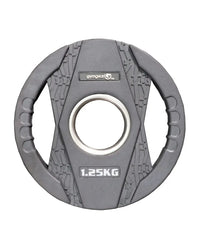 Gray gym gear 1.25kg rubber olympic weight plate with dual grip textured surface and central silver ring for uk delivery