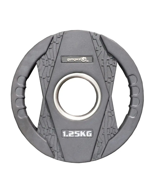 Gray gym gear 1.25kg rubber olympic weight plate with dual grip textured surface and central silver ring for uk delivery