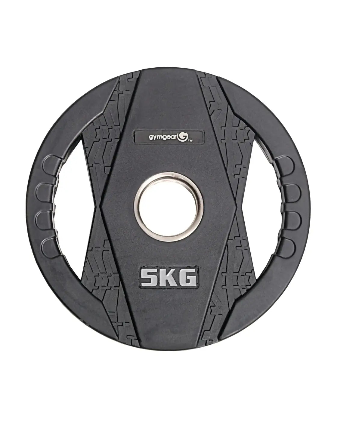 Black gym gear 5kg rubber olympic weight plate with textured dual grip and silver center hole for uk delivery