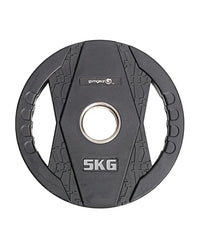 Black gym gear 5kg rubber olympic weight plate with textured dual grip and silver center hole for uk delivery