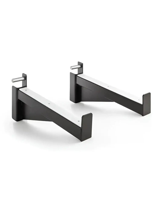 Gym gear safety spotter arm pair with black and silver wall-mounted steel brackets for home workout support