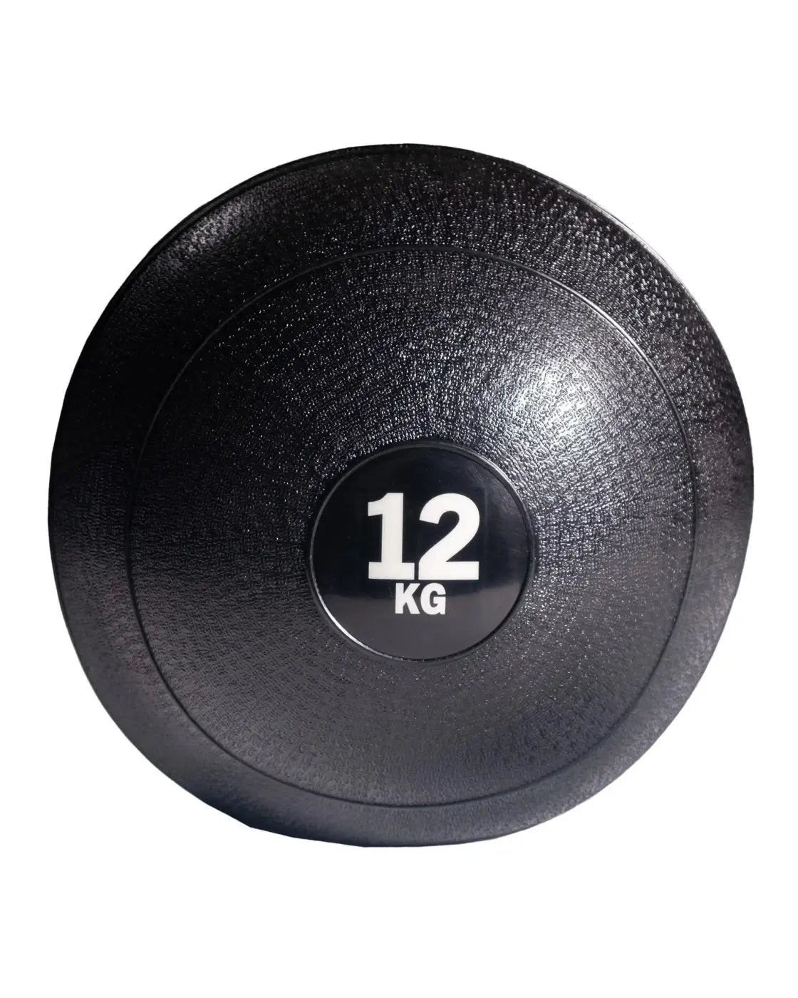 Black 12 kg textured rubber gym gear slam ball with central weight label for home workout use