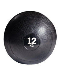 Black 12 kg textured rubber gym gear slam ball with central weight label for home workout use