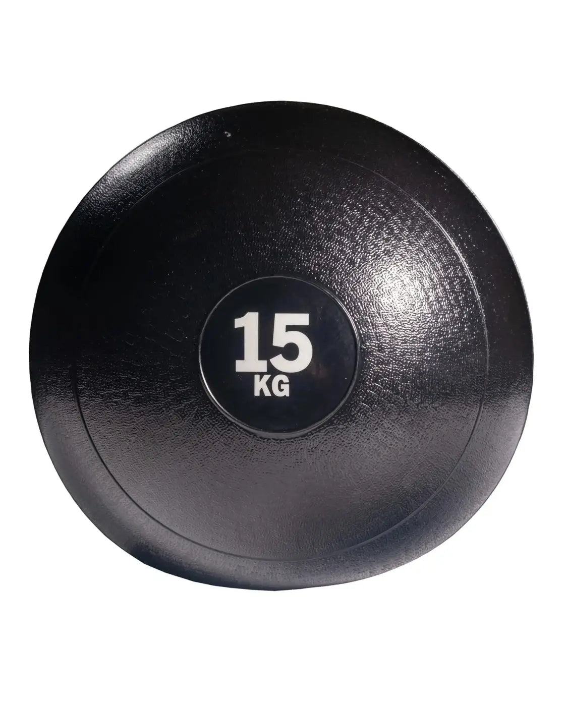 Black 15 kg gym gear slam ball with textured rubber surface and white central label for home workout use