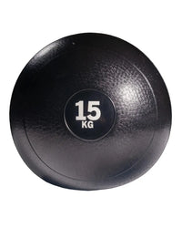 Black 15 kg gym gear slam ball with textured rubber surface and white central label for home workout use