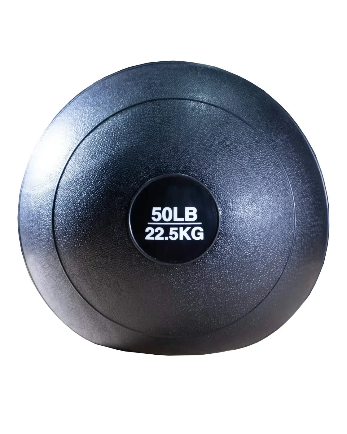 Black 50-pound textured medicine ball from gym gear slam balls for home workout use with white weight label