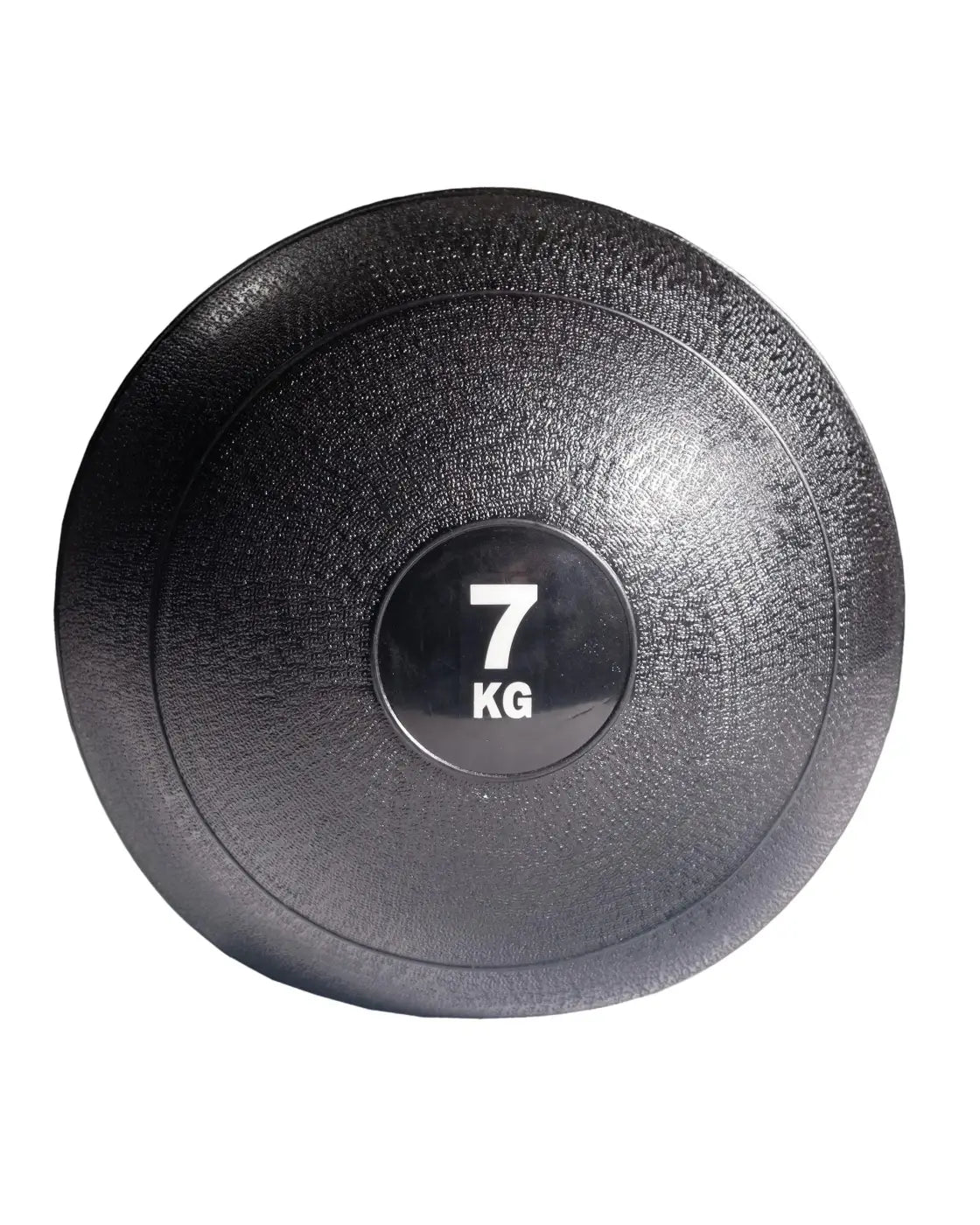 Black textured gym gear slam ball weighing 7 kg with central label designed for home workout use