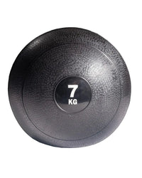 Black textured gym gear slam ball weighing 7 kg with central label designed for home workout use