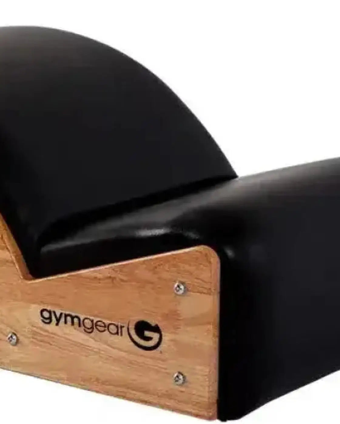 Black leather gymnastics bench with wooden frame and gymgear logo for home fitness spine correction