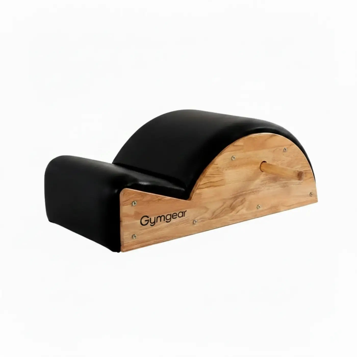 Gym Gear spine corrector showing black padded arch with light wood frame and brand name engraved on the side