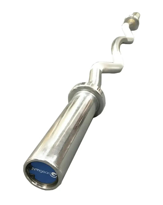 Silver polished metallic standard Olympic ez curl barbell with spiral curls and jymgear logo on the end cap
