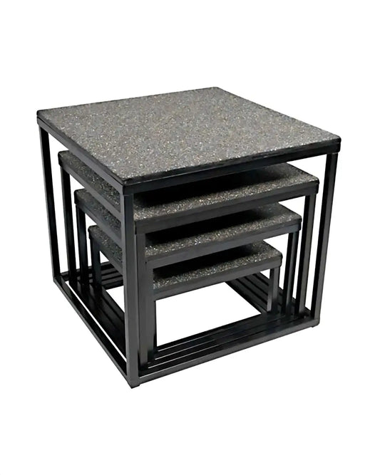 Set of nested plyometric boxes with black steel frames and gray speckled stone tops for gym gear uk delivery