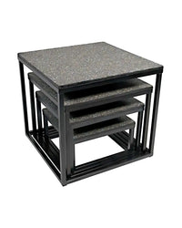 Set of nested plyometric boxes with black steel frames and gray speckled stone tops for gym gear uk delivery