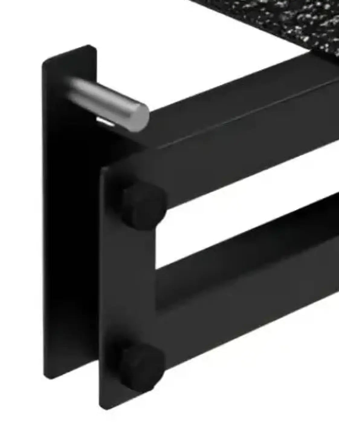 Black metal u-channel rail with silver cylindrical bolt and hexagonal nuts for gym gear step-up platform attachment uk delivery