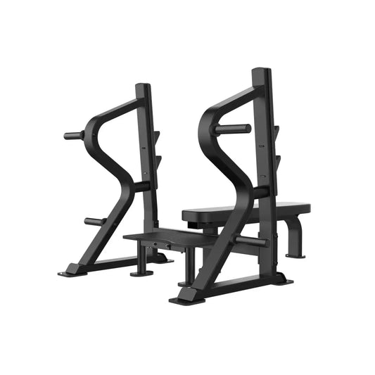 Black metal Gym Gear Sterling Series Olympic flat bench with adjustable backrest and safety bars for weightlifting