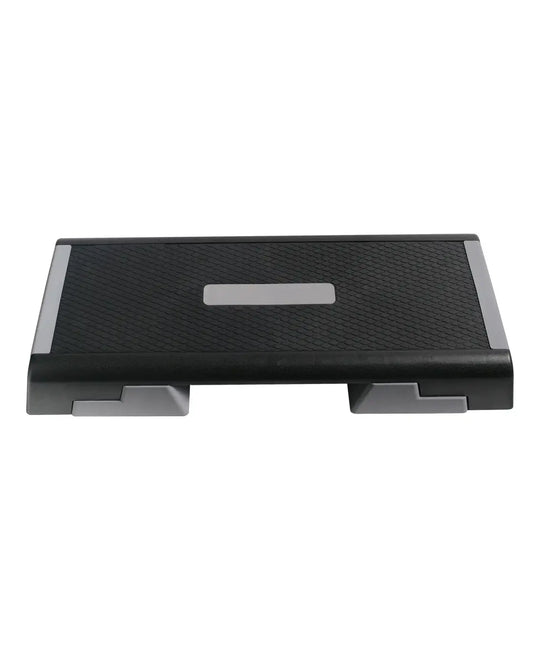 Black and silver gym gear studio aerobic step platform with textured grip surface for home gym workouts