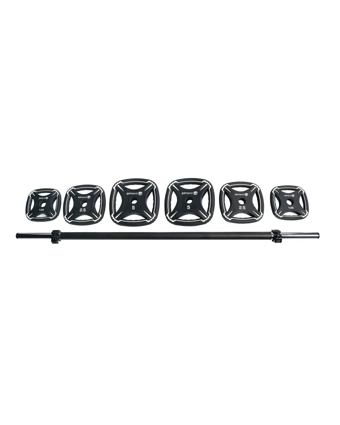 Black olympic barbell with six matching black weight plates featuring white numerical markings for home use