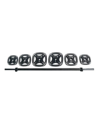 Black olympic barbell with six matching black weight plates featuring white numerical markings for home use