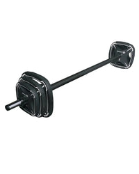 Black rubber-coated gym gear studio barbell weight set with two 5-pound white-trimmed symmetry plates for home use