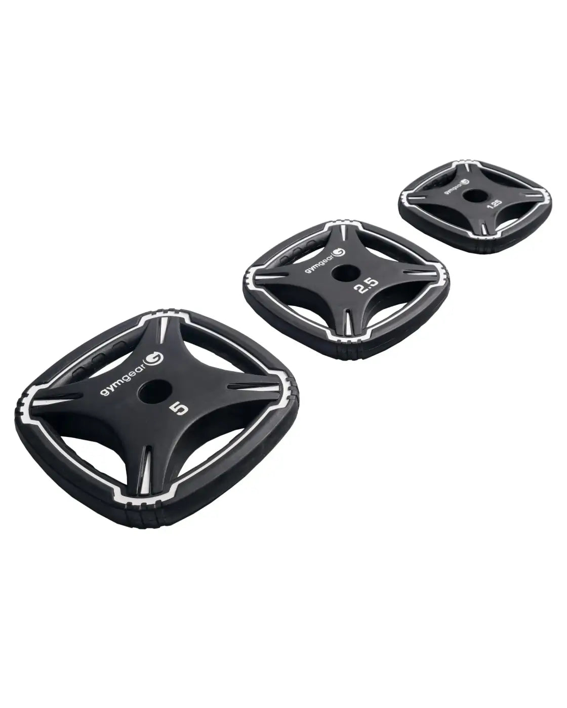 Black square studio barbell weight plates with silver accents and gymgear logo in 5kg 2.5kg and 1kg set for home use