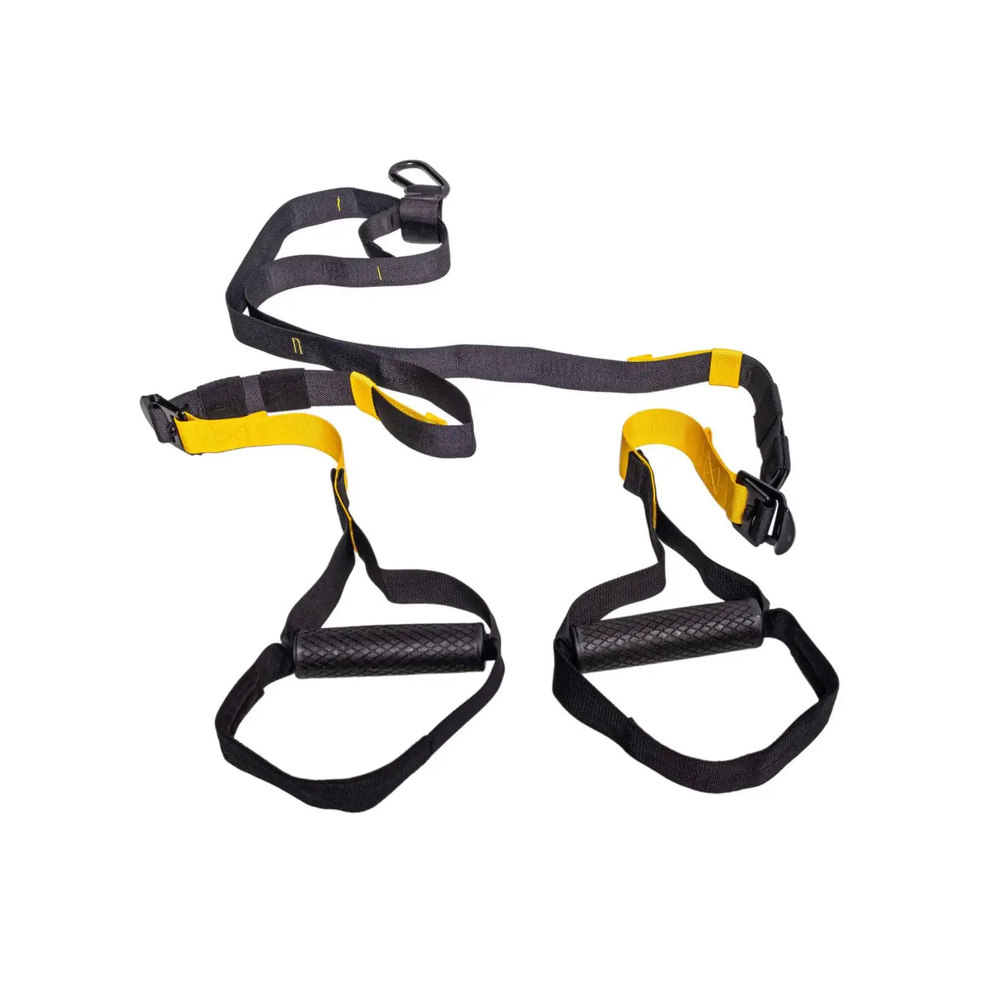 Black and yellow gym gear suspension trainer with textured grip handles for home fitness workouts