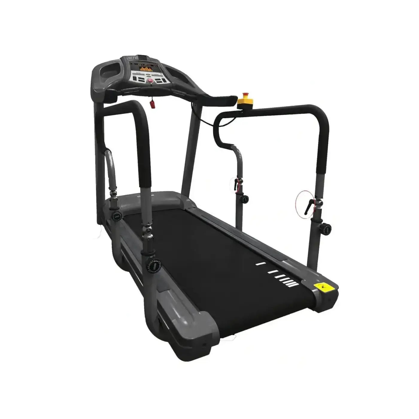 Gym Gear T95e treadmill in black and gray with digital display panel adjustable handrails and yellow accent buttons