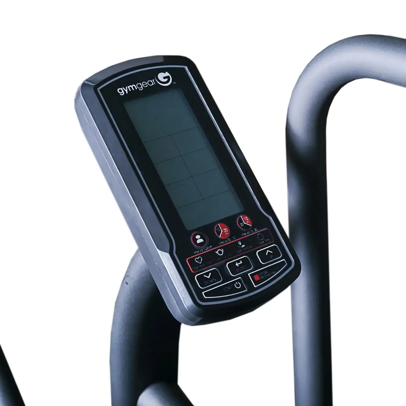 Black gymgear tornado air assault bike console with digital display and red control buttons for hiit cardio use