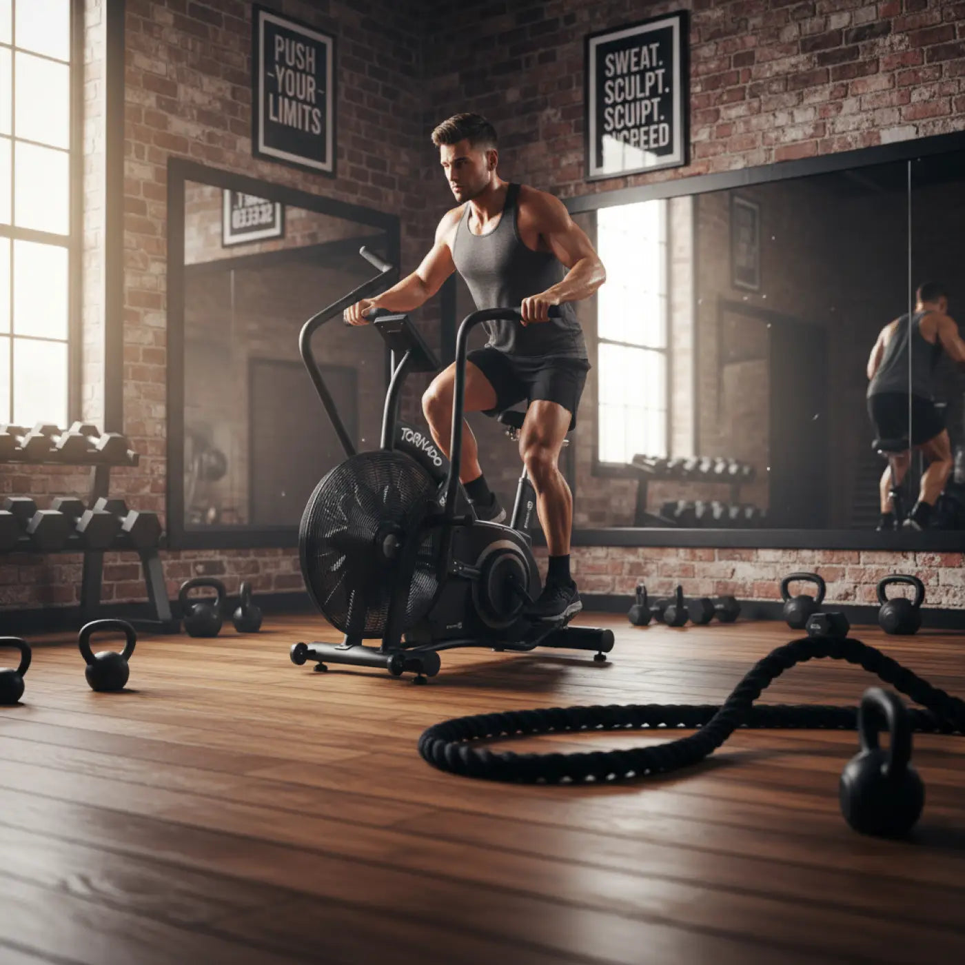 Black gym gear tornado air assault stationary bike with front fan and handlebars for home gym hiit cardio use in uk