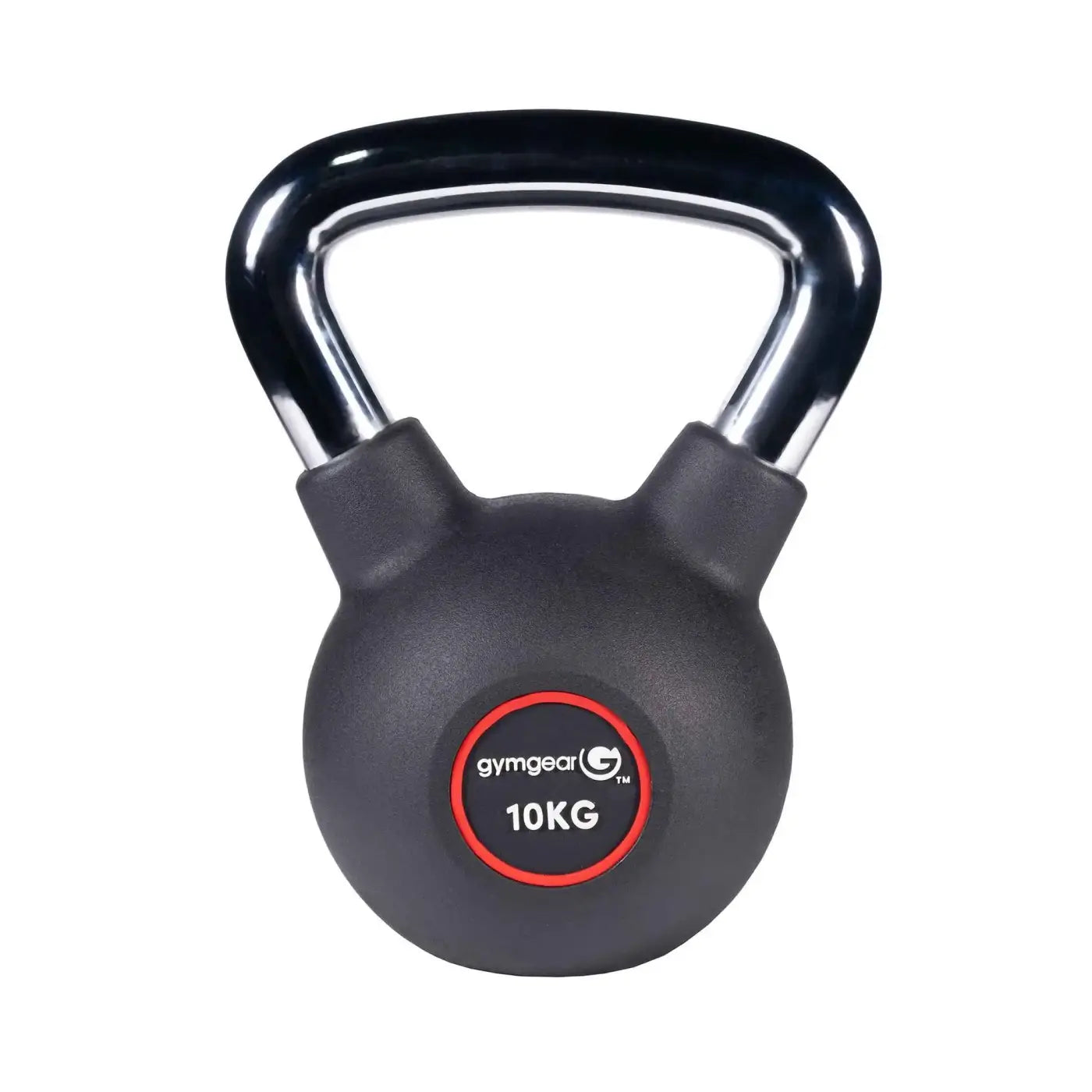 Black 10kg Gym Gear urethane kettlebell with glossy chrome handle and textured rubber coating for UK delivery