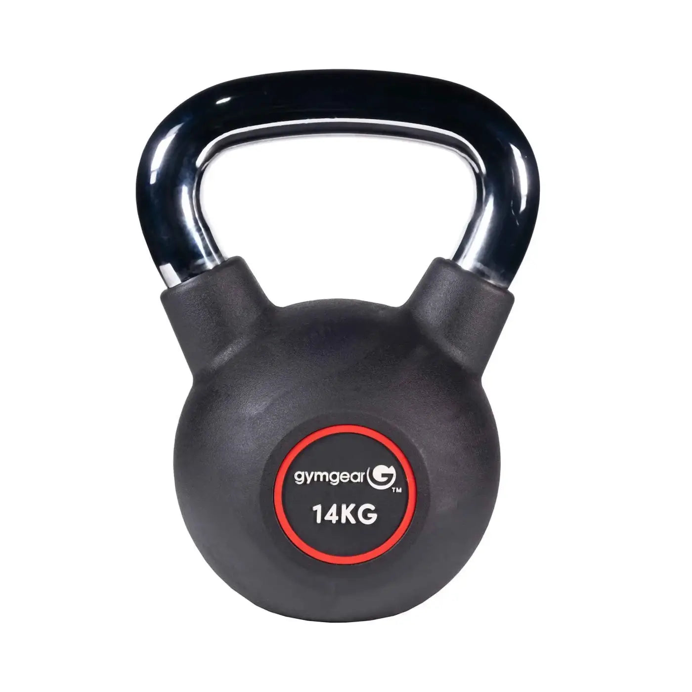 Black 14kg Gym Gear urethane kettlebell with glossy chrome handle and textured rubber coating for UK delivery