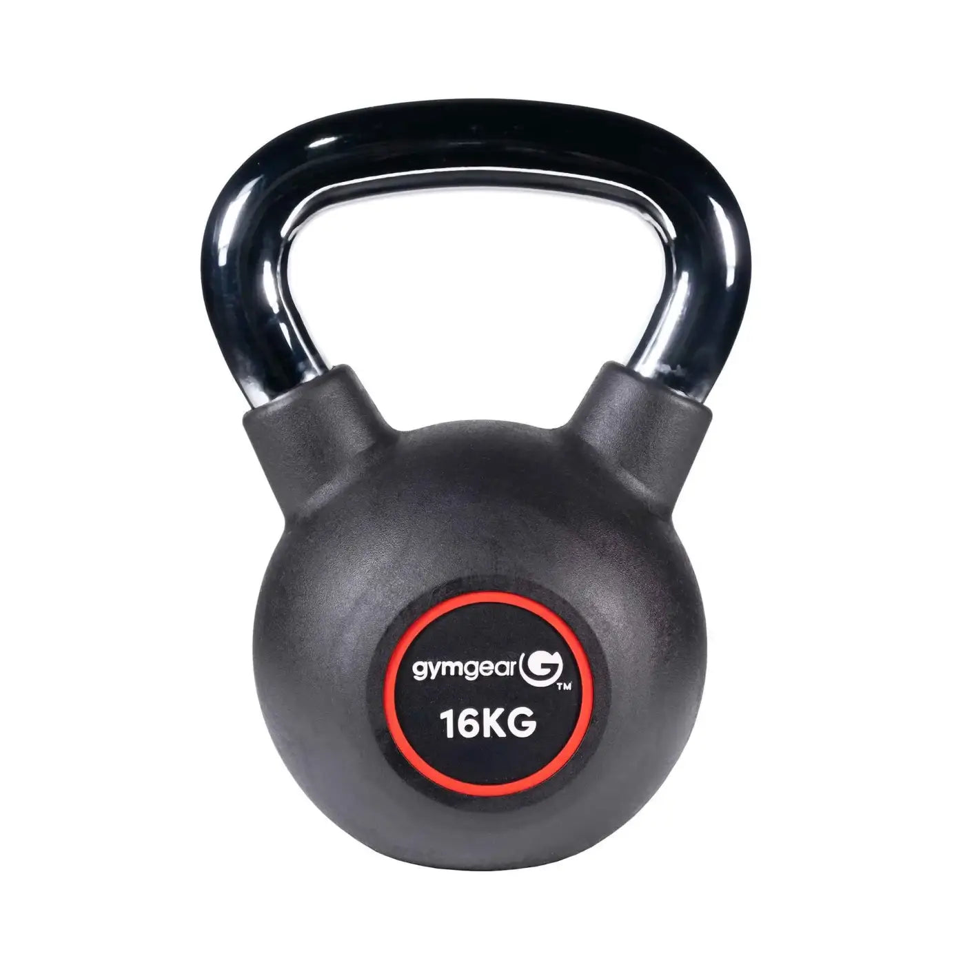Black 16kg gym gear urethane kettlebell with glossy handle and textured body featuring red-rimmed logo sticker