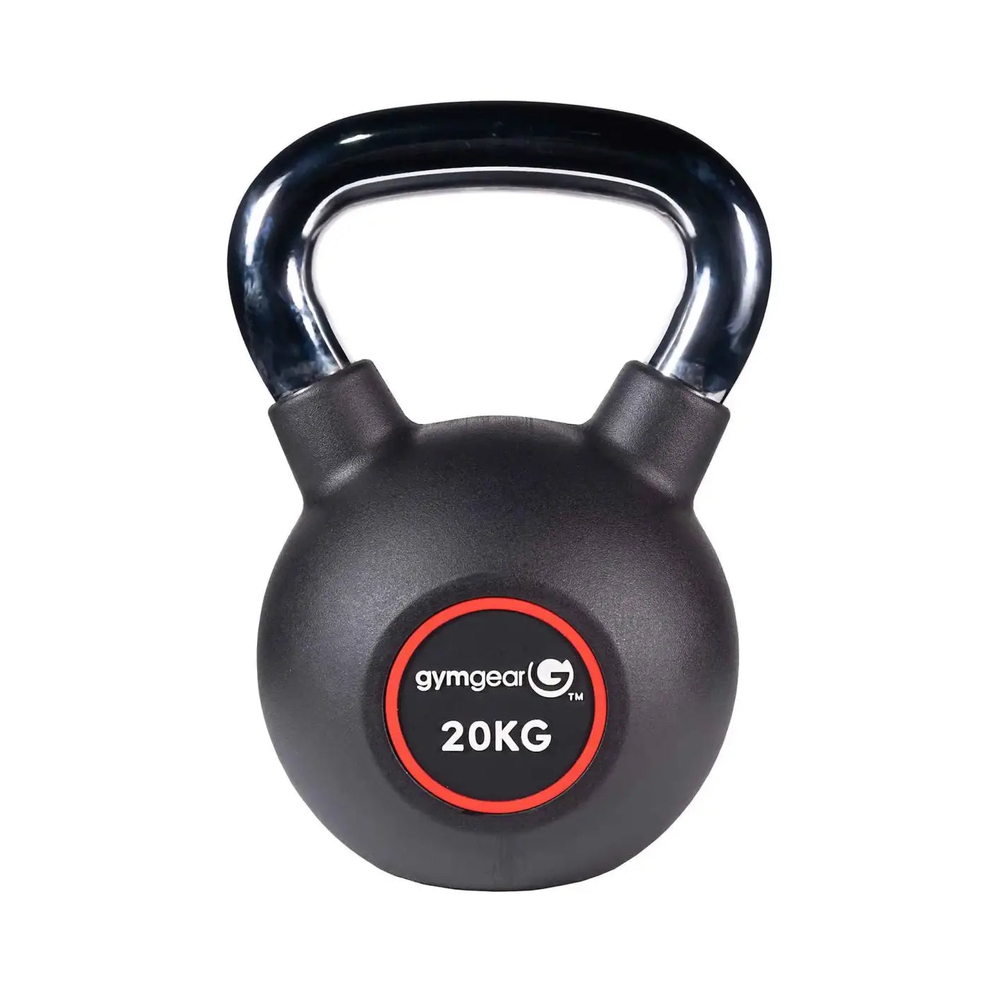 Black 20kg Gym Gear urethane kettlebell with glossy chrome handle and red-bordered brand label for UK delivery