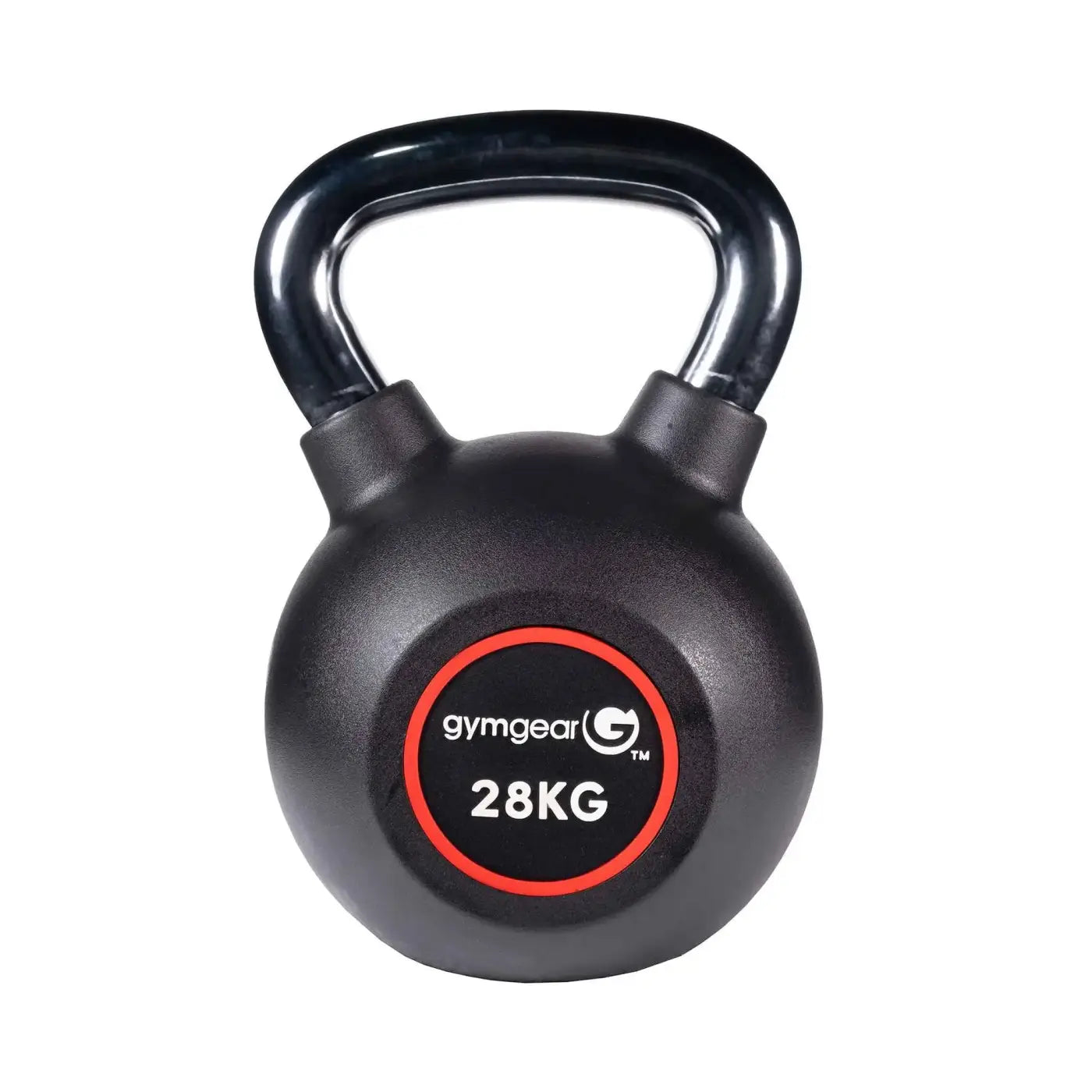 Black 28kg gym gear urethane kettlebell with glossy handle and textured body featuring red-rimmed label for uk delivery