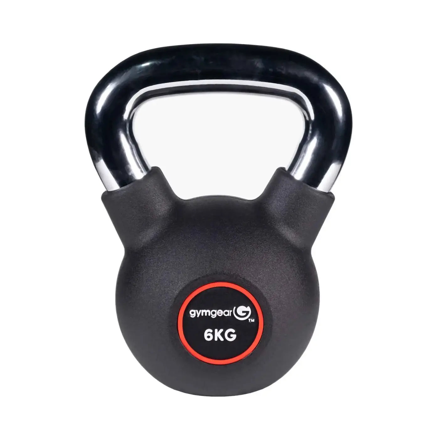 Black 6kg urethane kettlebell with chrome handle and red gymgear label, ideal for strength training and uk delivery