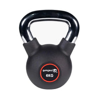 Black 6kg urethane kettlebell with chrome handle and red gymgear label, ideal for strength training and uk delivery