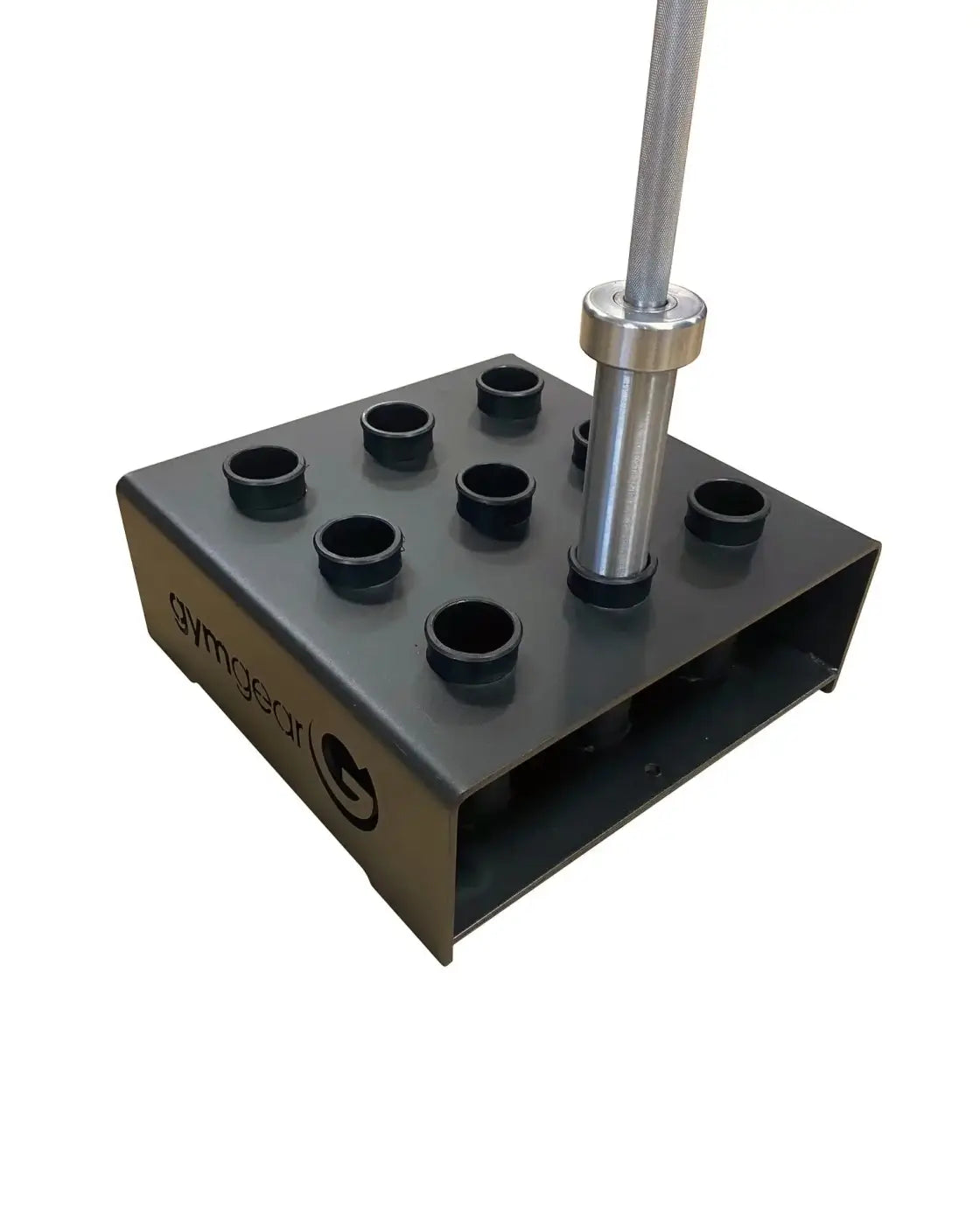 Black metal gym bar rack with ten black rubberized cup holders and a silver barbell sleeve for home fitness use