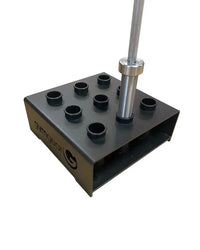 Black metal gym bar rack with ten black rubberized cup holders and a silver barbell sleeve for home fitness use